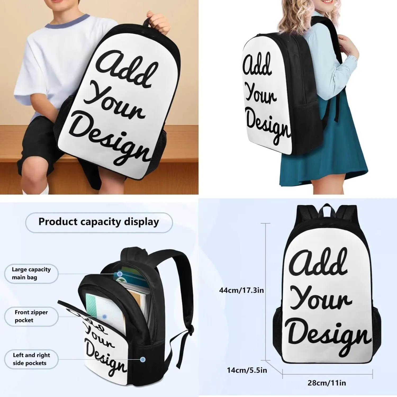 FOR U DESIGNS Customized Bookbags for Girls 17 Inch Large Capacity Backpack Set of 4 Lightweight Kids Book Bags for Girls Custom Name Cute Back to School Gifts for Students
