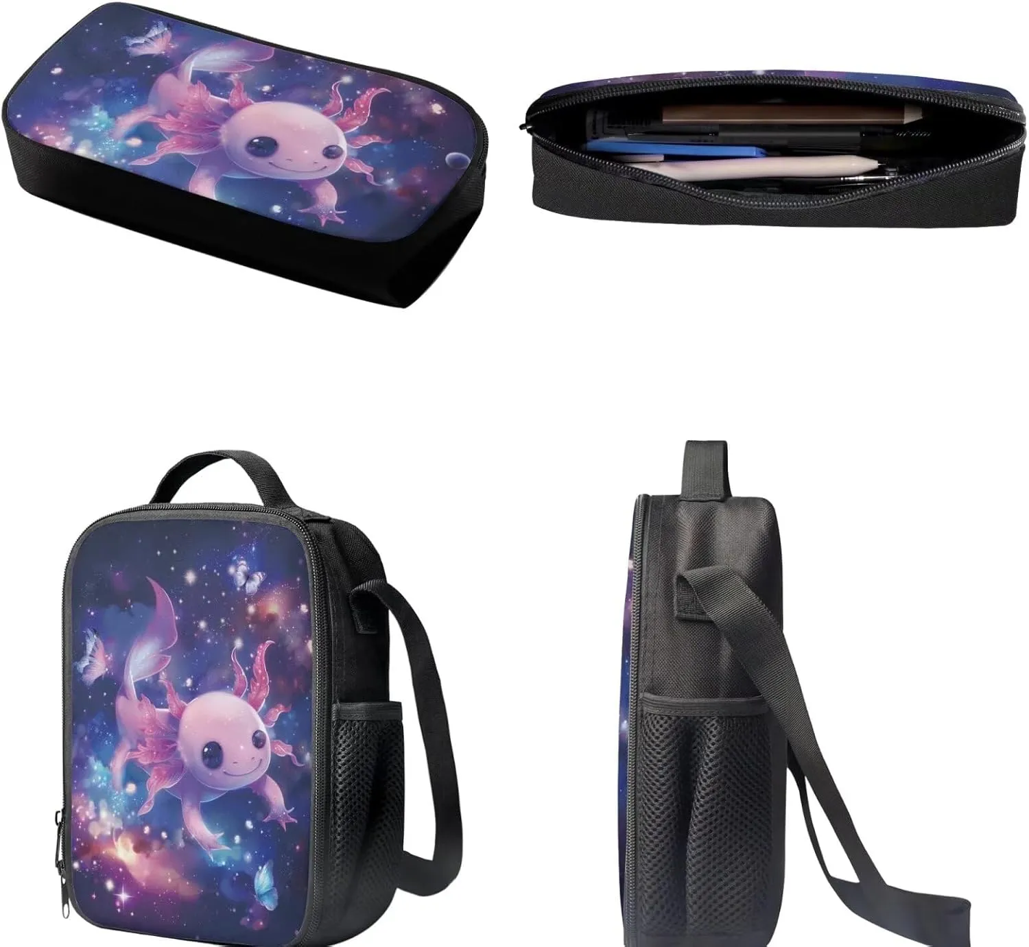 FOR U DESIGNS Cute Bookbag Axolotl Boys Backpack with Lunch Box and Pencil Case Set for Kids Elementary Kindergarten School Book Bag with Adjustable Strap Multi Zipper Pockets