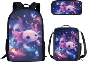 FOR U DESIGNS Cute Bookbag Axolotl Boys Backpack with Lunch Box and Pencil Case Set for Kids Elementary Kindergarten School Book Bag with Adjustable Strap Multi Zipper Pockets