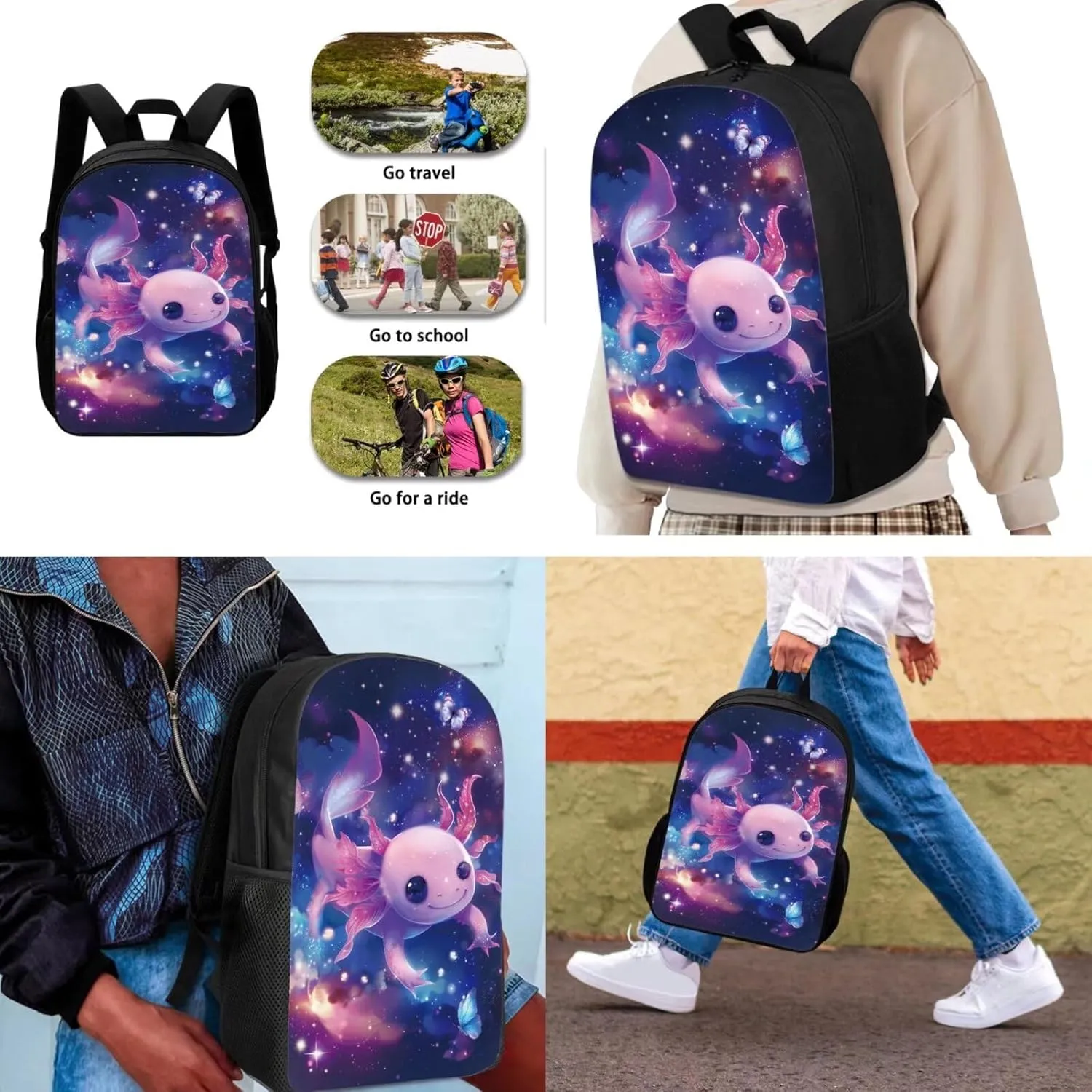 FOR U DESIGNS Cute Bookbag Axolotl Boys Backpack with Lunch Box and Pencil Case Set for Kids Elementary Kindergarten School Book Bag with Adjustable Strap Multi Zipper Pockets