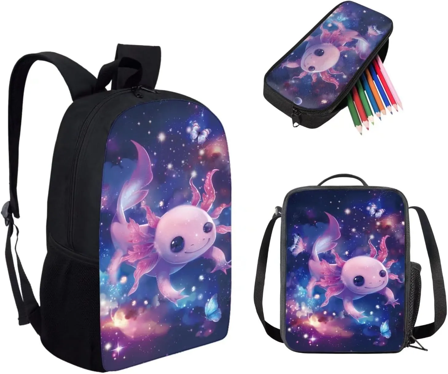 FOR U DESIGNS Cute Bookbag Axolotl Boys Backpack with Lunch Box and Pencil Case Set for Kids Elementary Kindergarten School Book Bag with Adjustable Strap Multi Zipper Pockets