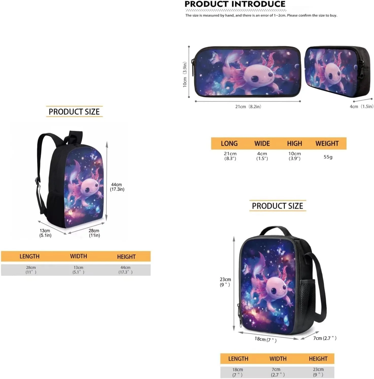FOR U DESIGNS Cute Bookbag Axolotl Boys Backpack with Lunch Box and Pencil Case Set for Kids Elementary Kindergarten School Book Bag with Adjustable Strap Multi Zipper Pockets