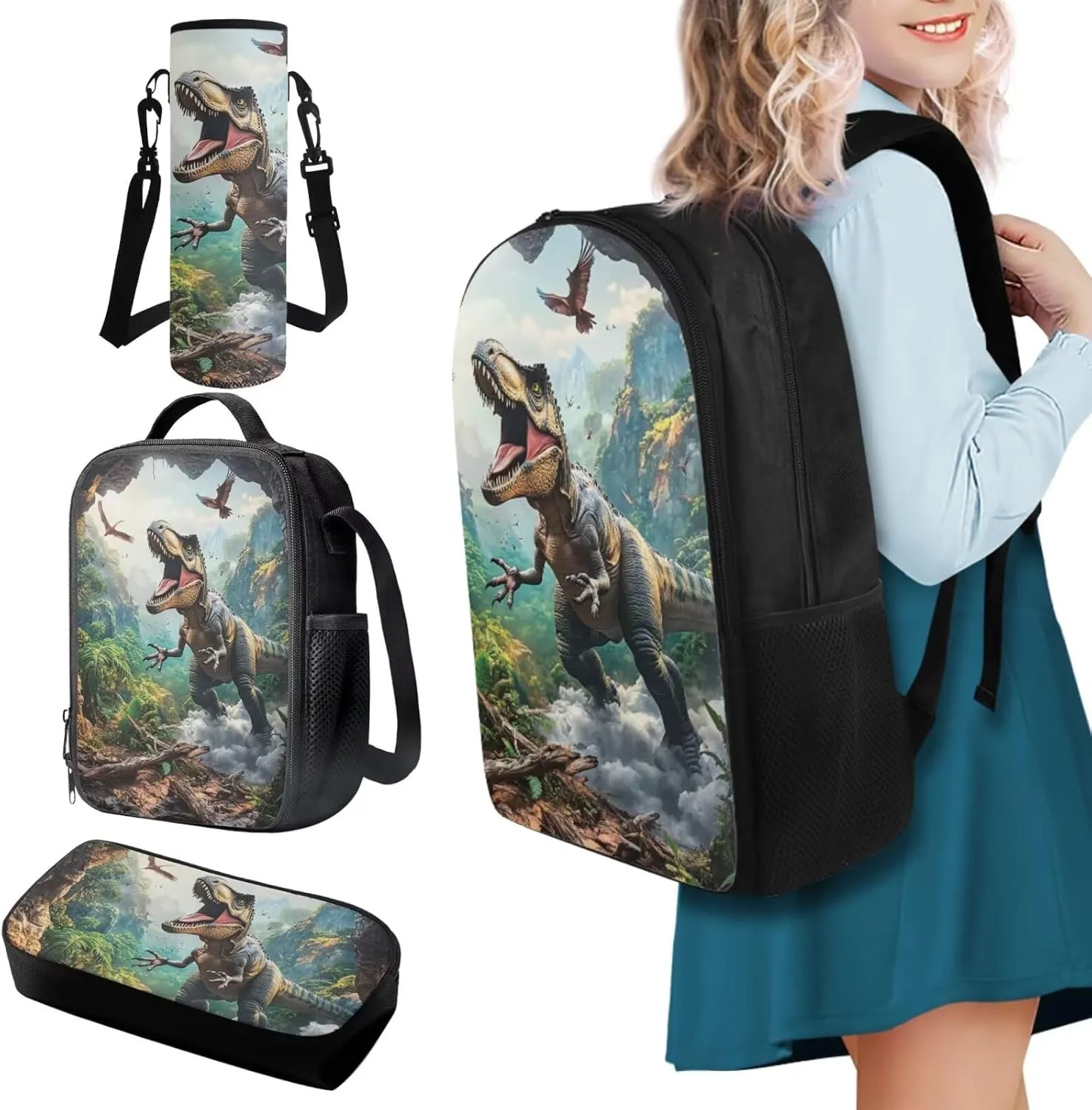FOR U DESIGNS Dinosaur Backpack and Lunch Box Set 4 Pcs Cool Kids Bookbags for Boys Ages 9-11 Large Capacity 5th Grade School Bag with Water Bottle Holder