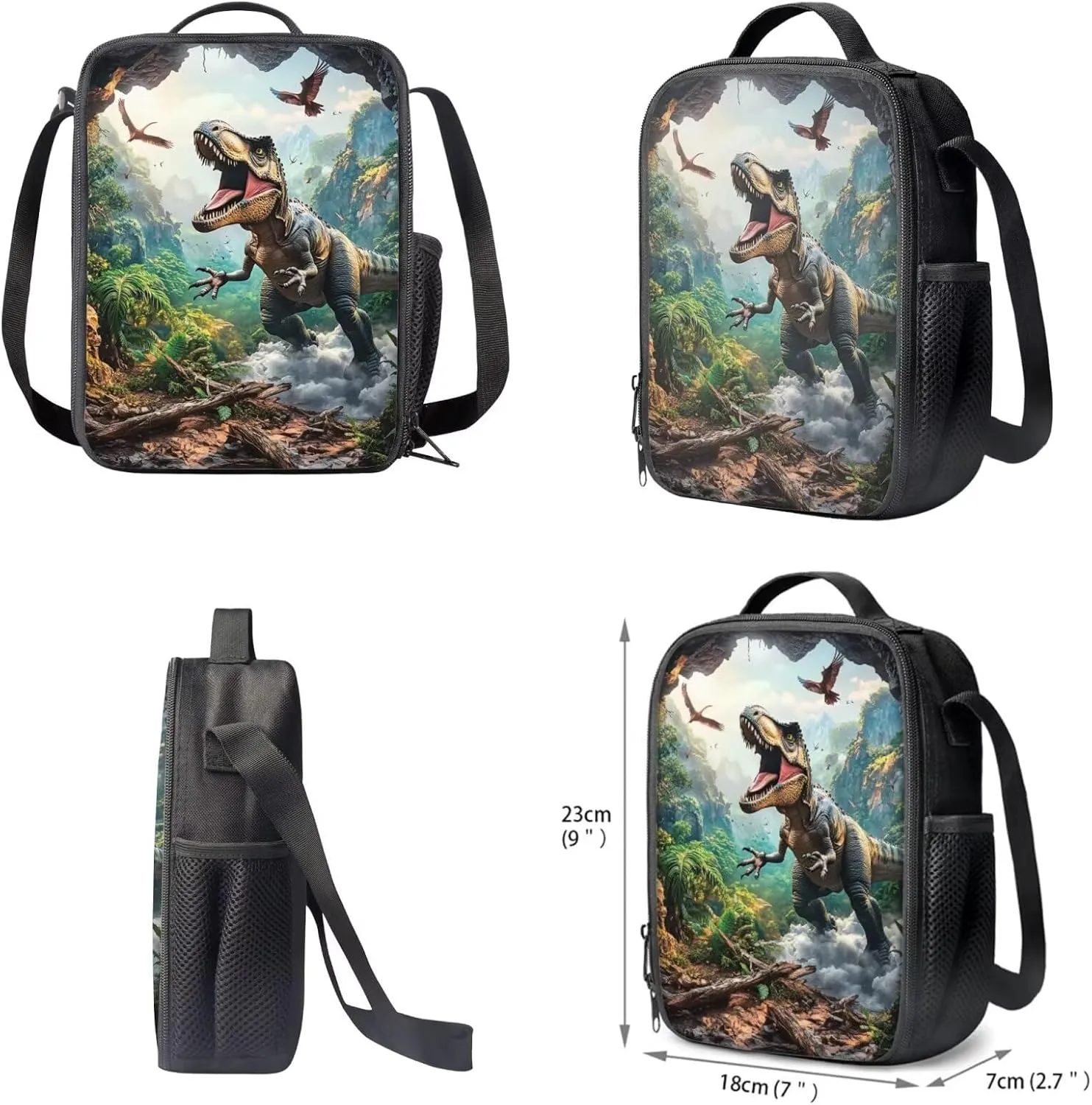 FOR U DESIGNS Dinosaur Backpack and Lunch Box Set 4 Pcs Cool Kids Bookbags for Boys Ages 9-11 Large Capacity 5th Grade School Bag with Water Bottle Holder