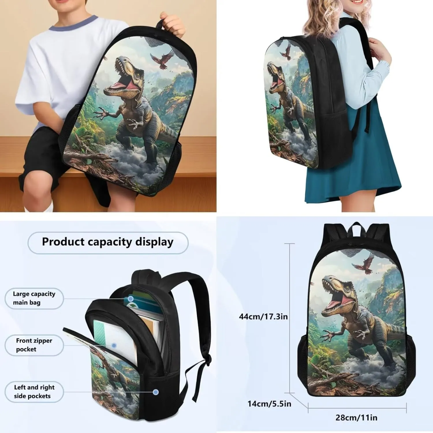 FOR U DESIGNS Dinosaur Backpack and Lunch Box Set 4 Pcs Cool Kids Bookbags for Boys Ages 9-11 Large Capacity 5th Grade School Bag with Water Bottle Holder