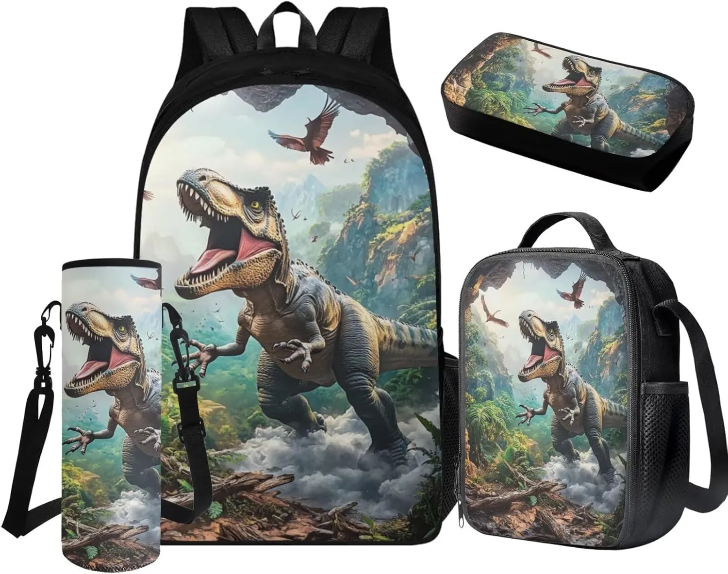 FOR U DESIGNS Dinosaur Backpack and Lunch Box Set 4 Pcs Cool Kids Bookbags for Boys Ages 9-11 Large Capacity 5th Grade School Bag with Water Bottle Holder