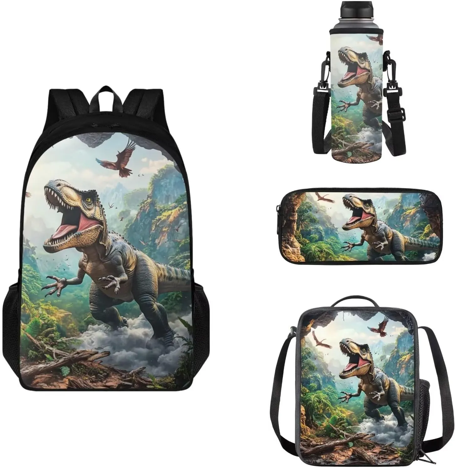 FOR U DESIGNS Dinosaur Backpack and Lunch Box Set 4 Pcs Cool Kids Bookbags for Boys Ages 9-11 Large Capacity 5th Grade School Bag with Water Bottle Holder