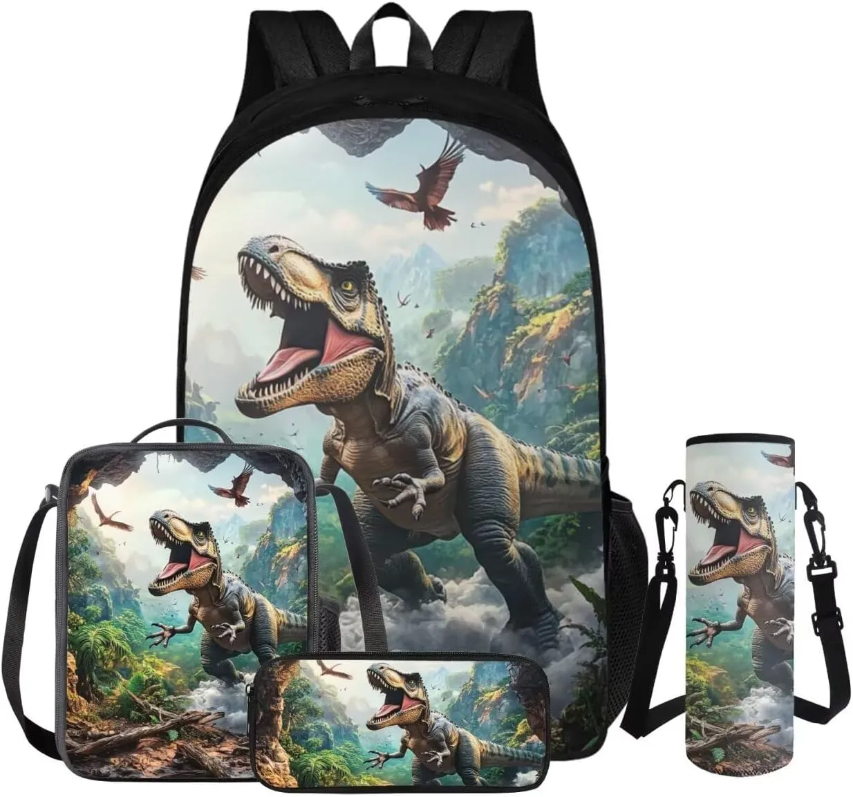 FOR U DESIGNS Dinosaur Backpack and Lunch Box Set 4 Pcs Cool Kids Bookbags for Boys Ages 9-11 Large Capacity 5th Grade School Bag with Water Bottle Holder