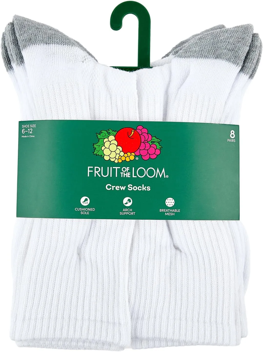 Fruit of the Loom Crew Socks for Men - 8 Pairs, Arch Compression, Moisture Wicking, Cushioned, Athletic Mens Socks Size 6-12