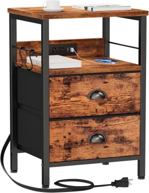 Furologee End Table with Charging Station, Nightstand with Fabric Drawers, Side Table with USB Ports & Outlets, Night Stand with Storage Shelf & Hooks, for Living Room/Bedroom, Rustic Brown