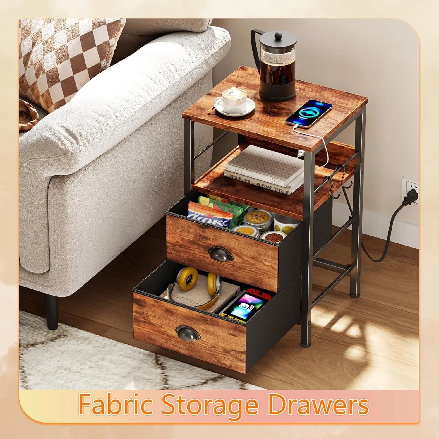 Furologee End Table with Charging Station, Nightstand with Fabric Drawers, Side Table with USB Ports & Outlets, Night Stand with Storage Shelf & Hooks, for Living Room/Bedroom, Rustic Brown