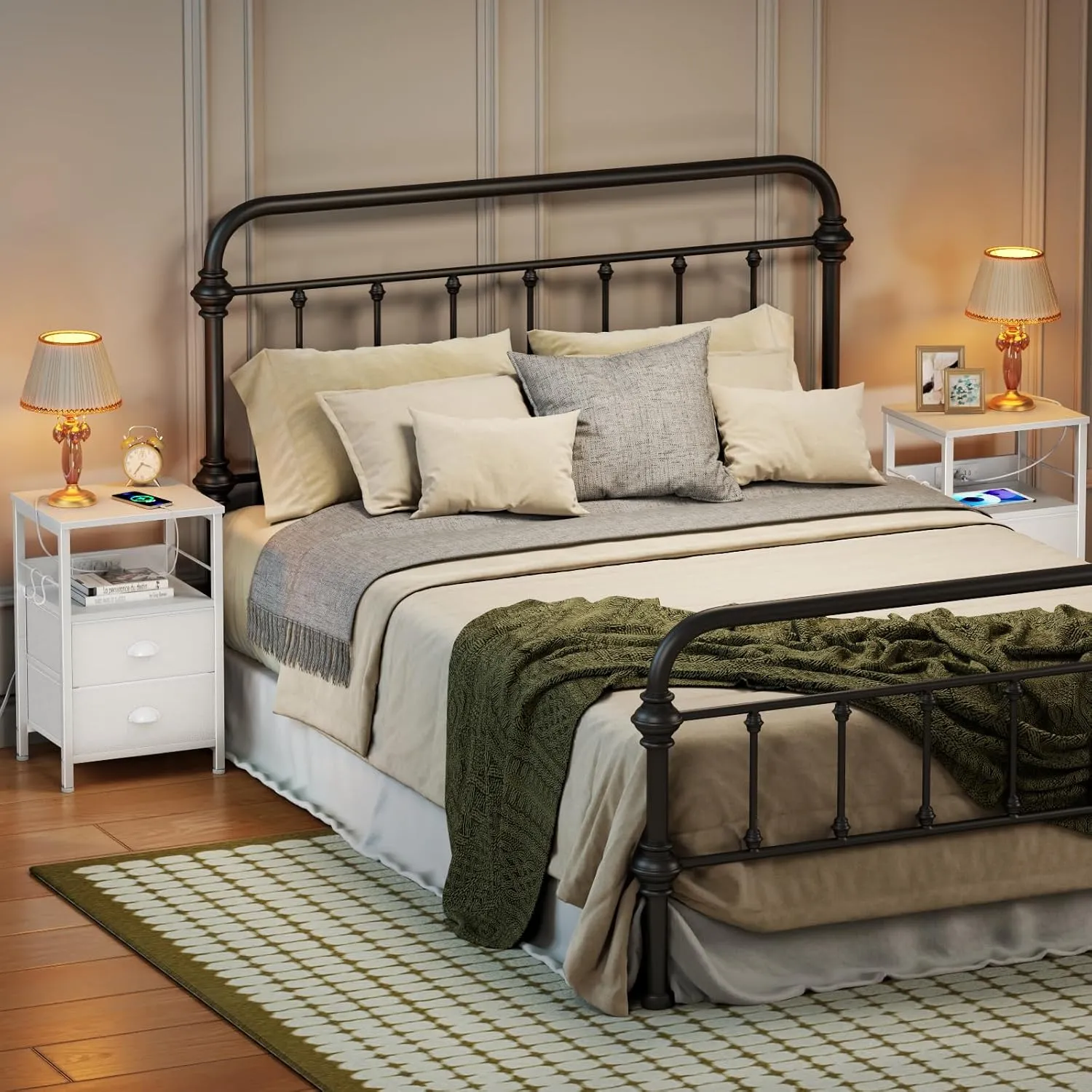 Furologee Nightstands Set of 2, Night Stands with Charging Station, Side Tables with 2 Fabric Drawers, End Tables with Storage Shelves, for Bedroom, White