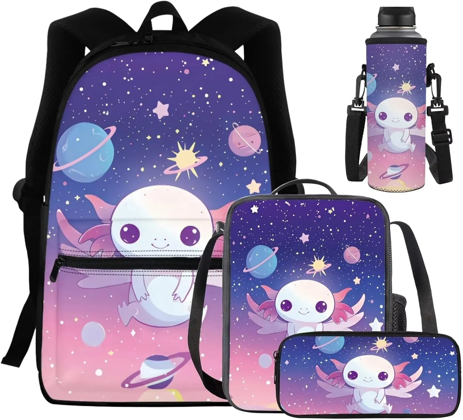 Galaxy Axolotl Backpack with Lunch Box and Water Cup Cover Lightweight Rucksack Toddler Kids Bag for Age 4-6 Lightweight 4PCS Book Pack for Kindergarten Casual Sports Shoulder Bag