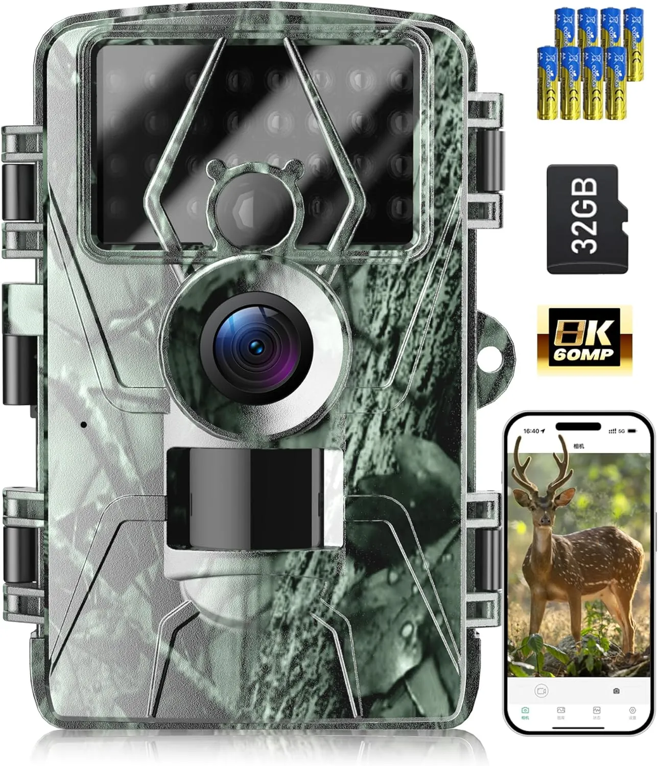Game Camera WiFi 8K/60MP with No Glow Night Vision Waterproof,0.05s Trigger Motion Activated Hunting,Suitable for Outdoor Wildlife Deer Scouting,Monitoring Home Security