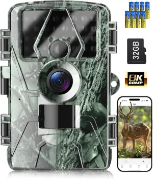 Game Camera WiFi 8K/60MP with No Glow Night Vision Waterproof,0.05s Trigger Motion Activated Hunting,Suitable for Outdoor Wildlife Deer Scouting,Monitoring Home Security