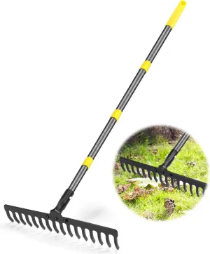 Garden Leaf Rakes 5.25 FT Rake for Lawns Heavy Duty Metal Rakes, 16 Tines Steel Metal Head with Adjustable Handle, Bow Rakes for Leaves, Gathering Shrub, Leveling Grass, Flower Beds, Yards