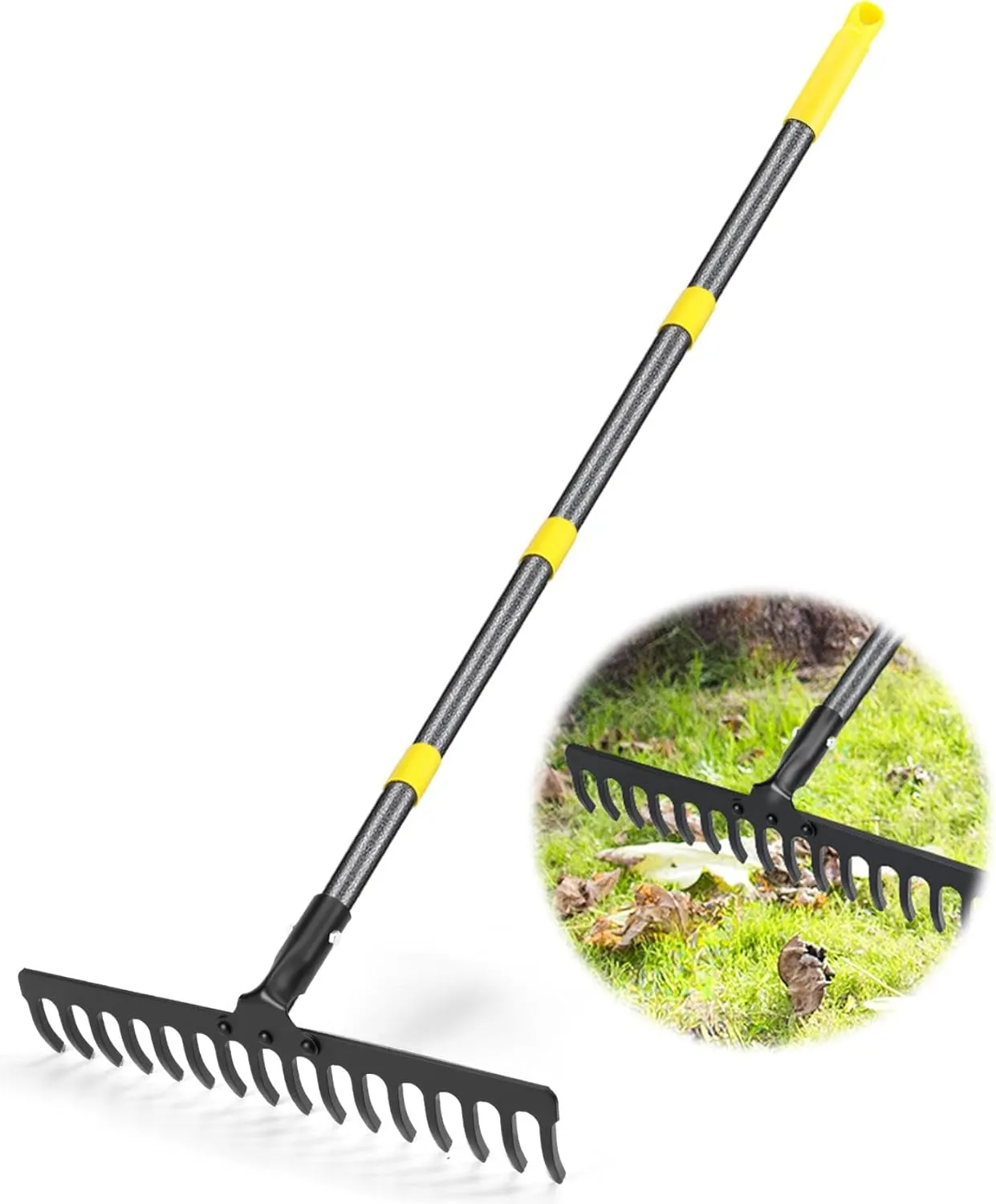 Garden Leaf Rakes 5.25 FT Rake for Lawns Heavy Duty Metal Rakes, 16 Tines Steel Metal Head with Adjustable Handle, Bow Rakes for Leaves, Gathering Shrub, Leveling Grass, Flower Beds, Yards