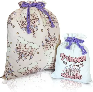 Gather & Knot Drawstring Gift Bags | 20" Large 12" Small | Premium Canvas | Reusable Fabric Wrap for Baby Shower or Girls Birthday | Princess of the Castle