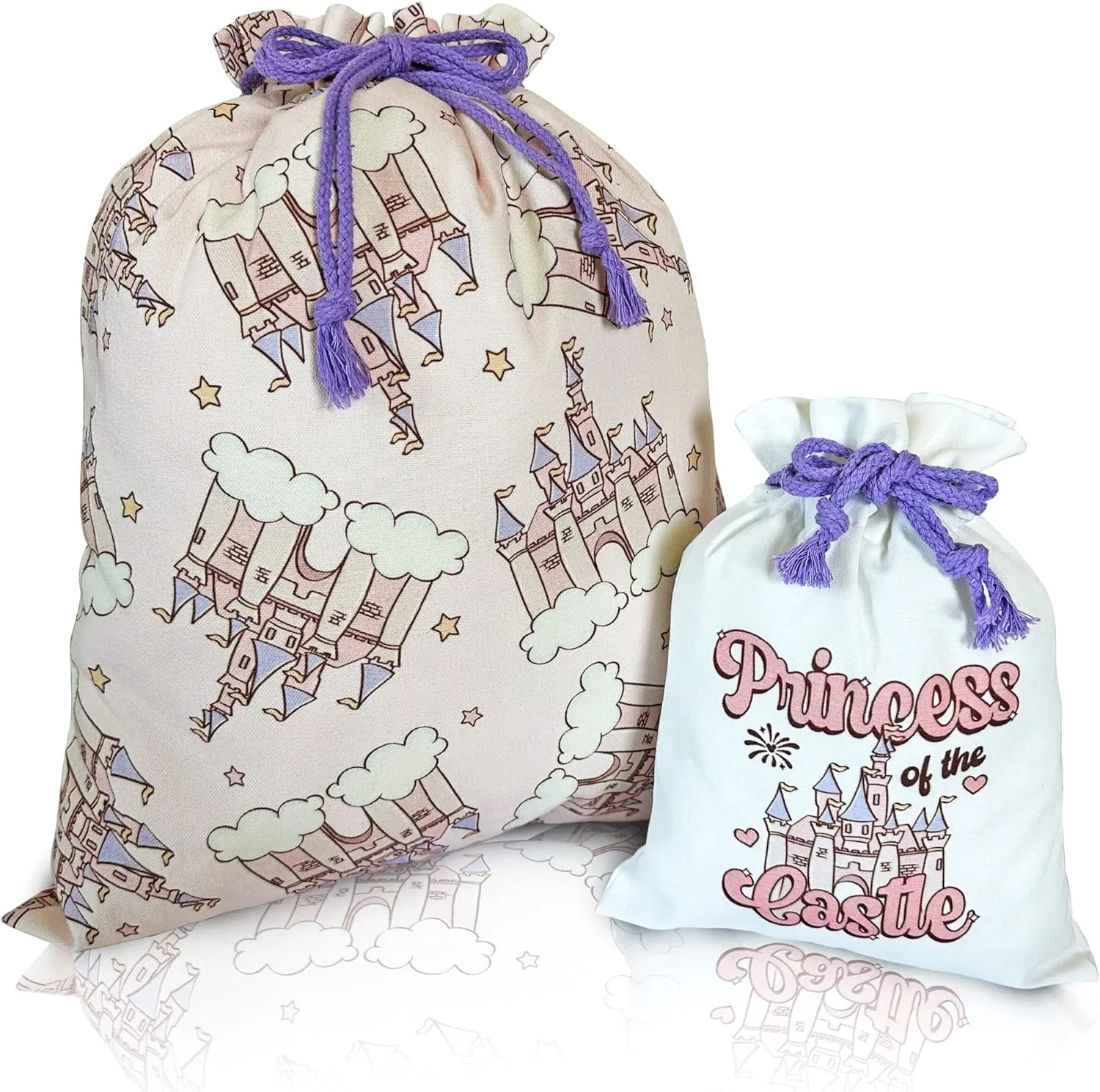 Gather & Knot Drawstring Gift Bags | 20" Large 12" Small | Premium Canvas | Reusable Fabric Wrap for Baby Shower or Girls Birthday | Princess of the Castle