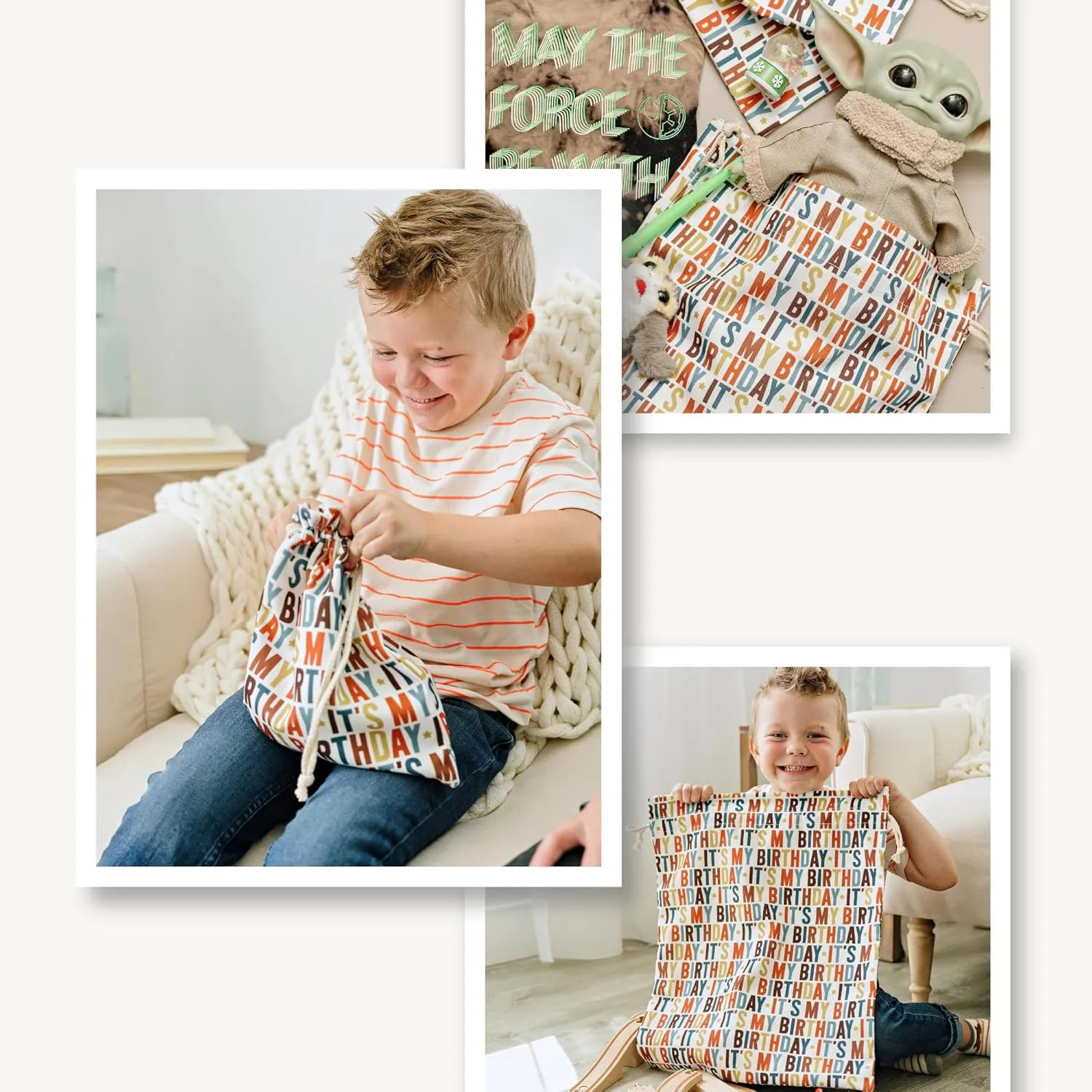 Gather & Knot Drawstring Gift Bags | 20" Large 12" Small | Premium Canvas | Reusable Fabric Wrap for Birthday | Gender Neutral | It's My Birthday