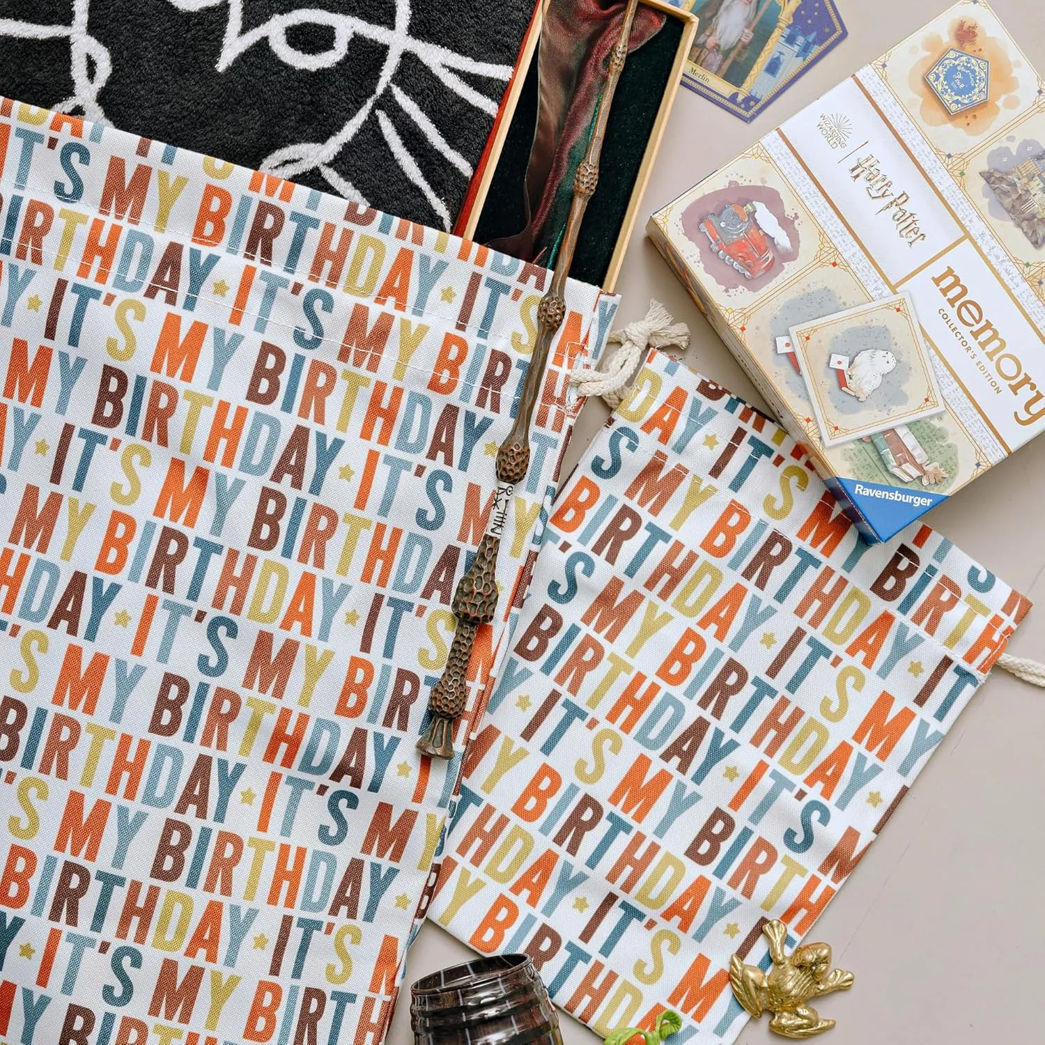 Gather & Knot Drawstring Gift Bags | 20" Large 12" Small | Premium Canvas | Reusable Fabric Wrap for Birthday | Gender Neutral | It's My Birthday