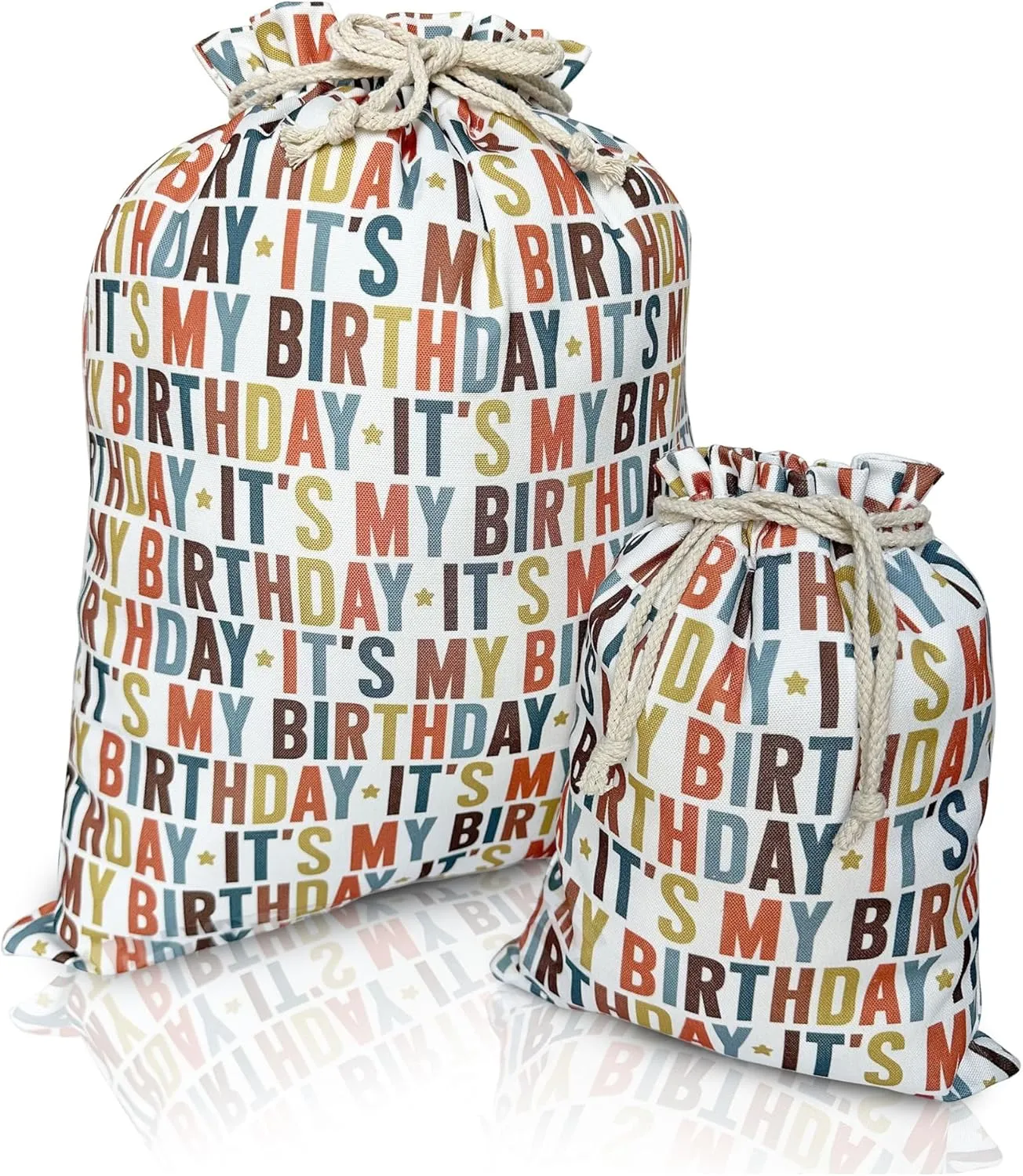 Gather & Knot Drawstring Gift Bags | 20" Large 12" Small | Premium Canvas | Reusable Fabric Wrap for Birthday | Gender Neutral | It's My Birthday