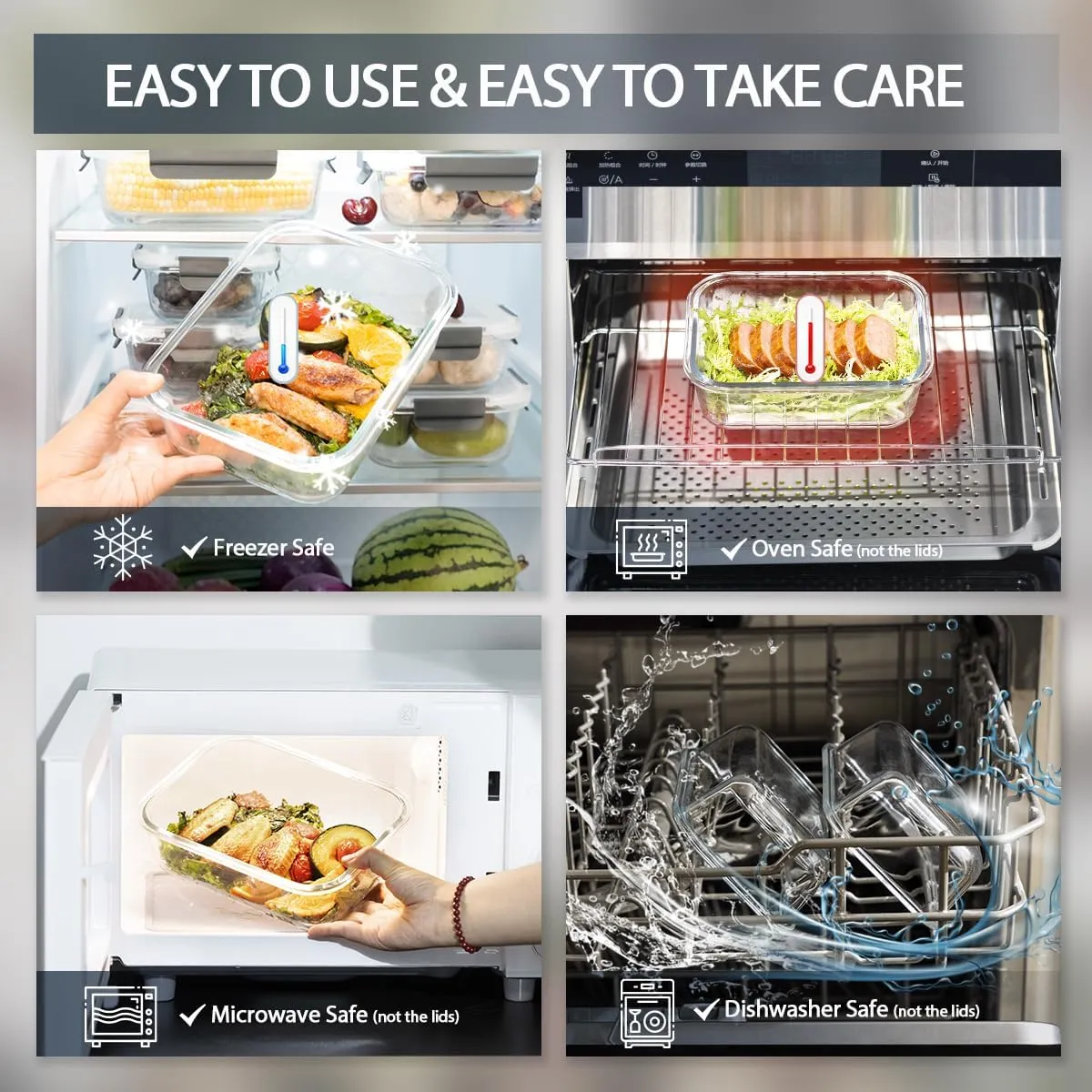 GC GENICOOK Glass Food Storage Containers with Glass Lids, Microwave Safe Glass Food Container Set, Aitight Glass Meal Prep Container Set, LeakProof, slicone sleeve,100% Plastic Free, 5 Pack 22oz