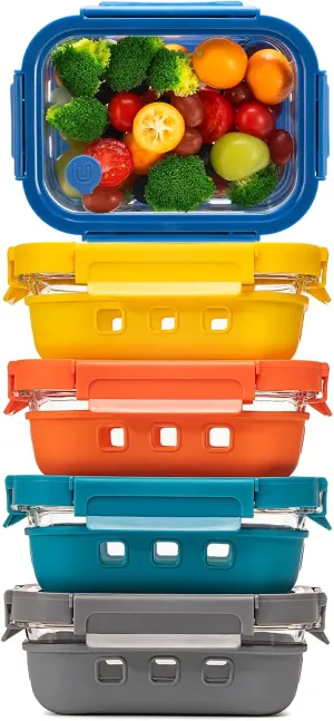 GC GENICOOK Glass Food Storage Containers with Glass Lids, Microwave Safe Glass Food Container Set, Aitight Glass Meal Prep Container Set, LeakProof, slicone sleeve,100% Plastic Free, 5 Pack 22oz