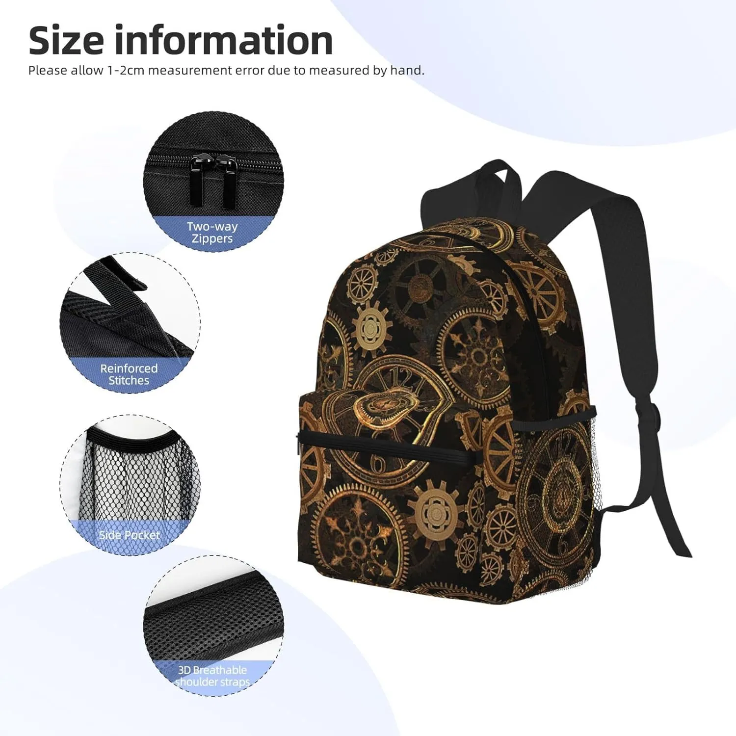 Gears Clock Bronze Century Fashion Backpack,Casual Daypack Backpacks For Men Women, Laptop Bag Travel Hiking Camping