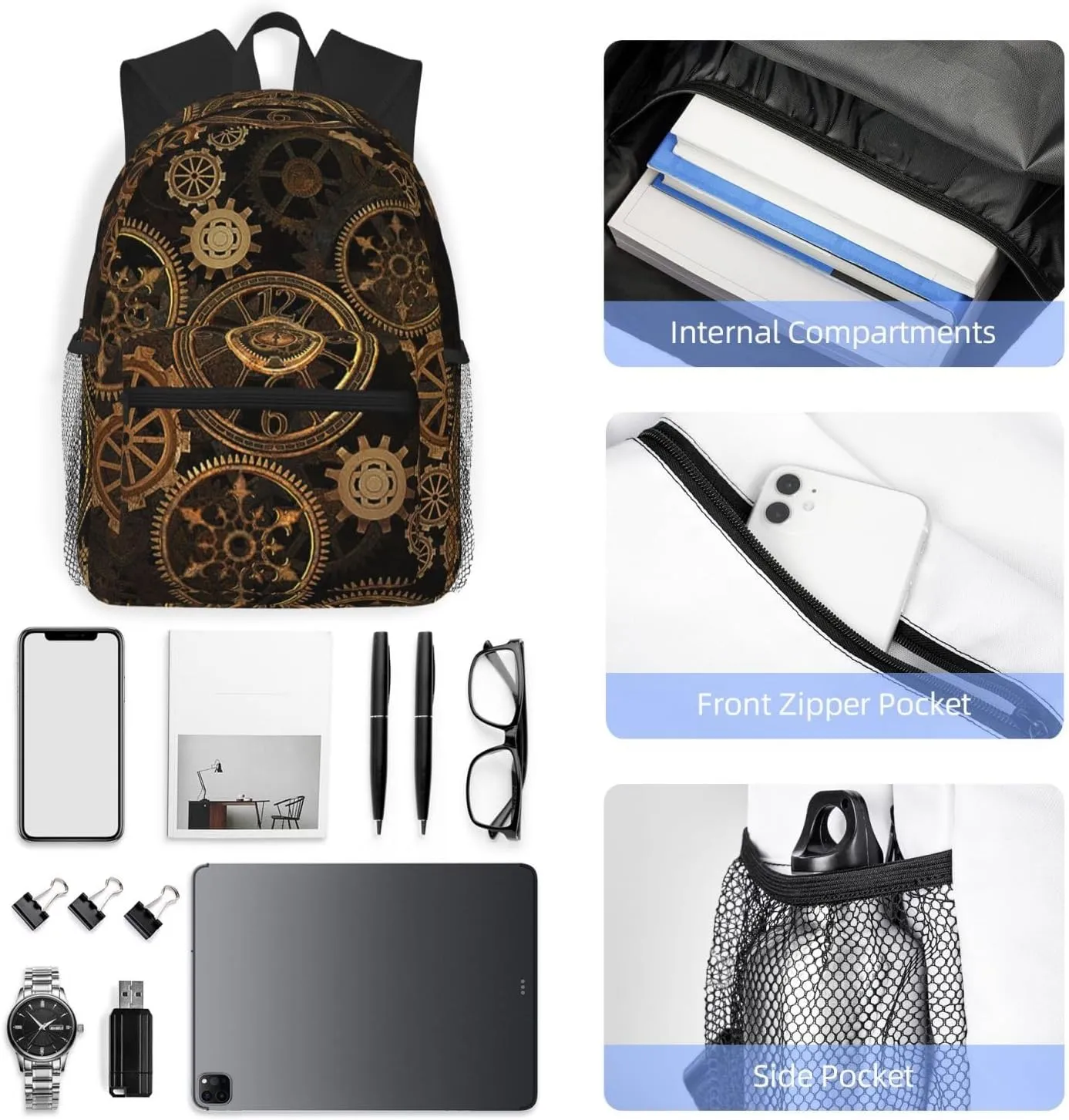 Gears Clock Bronze Century Fashion Backpack,Casual Daypack Backpacks For Men Women, Laptop Bag Travel Hiking Camping