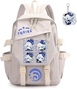 Genshin Impact Backpack Women Men Unisex Scaramouche Rucksack Hu Tao Xiao Bag Kawaii Backpack, Free Keychain (White-Furina)