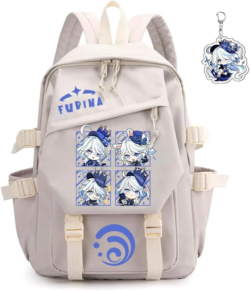 Genshin Impact Backpack Women Men Unisex Scaramouche Rucksack Hu Tao Xiao Bag Kawaii Backpack, Free Keychain (White-Furina)