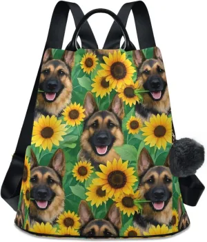 German Shepherd Dog Sunflower Backpack for Women Anti Theft Large Fashion Travel Shoulder Bag Purse Rucksack Lightweight