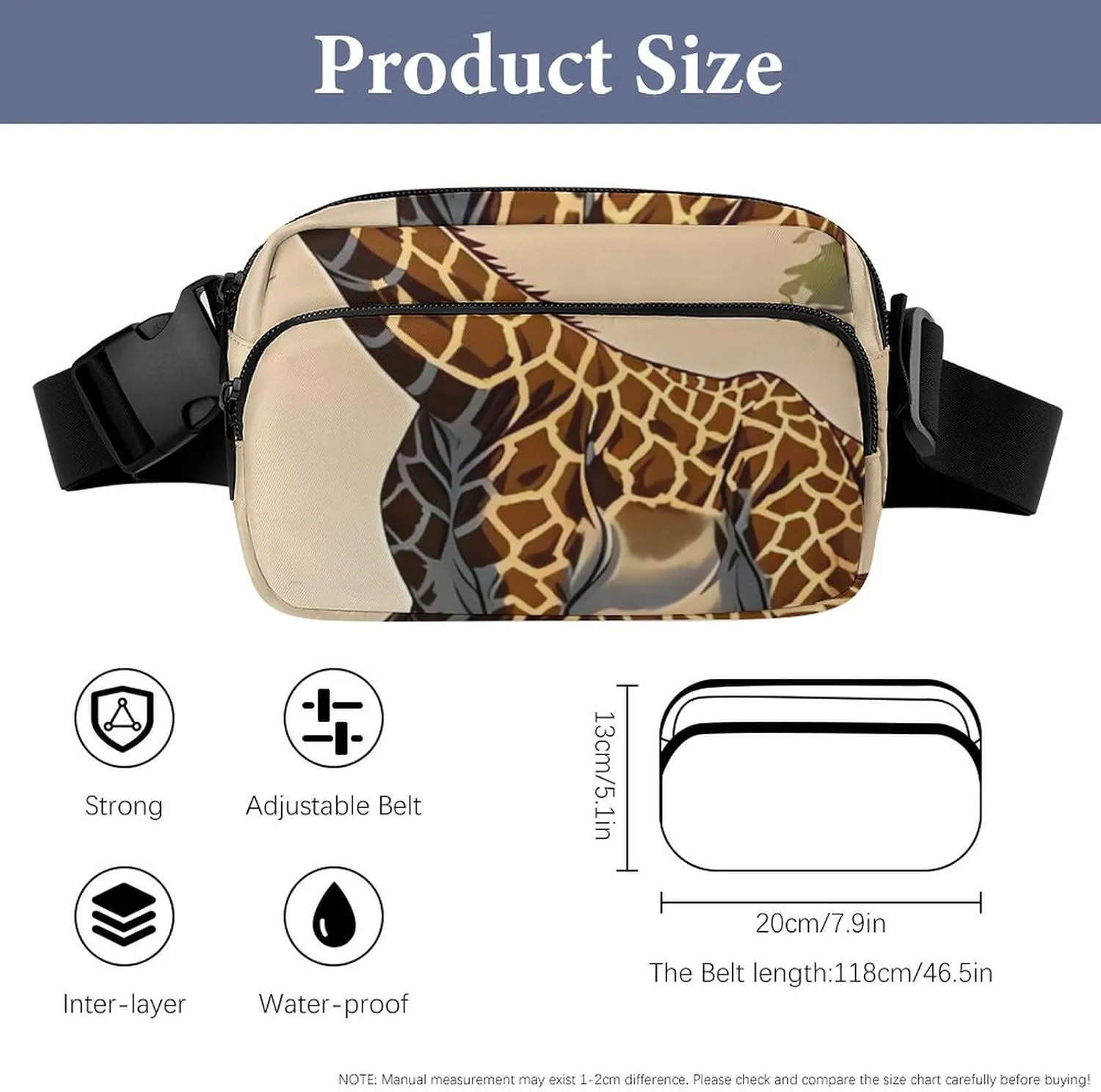 Giraffe Print Fanny Packs for Women Men Fashion Portable Waist Pack Adjustable Belt Bum Bag Hip Bags for Travel, 20x13cm, style