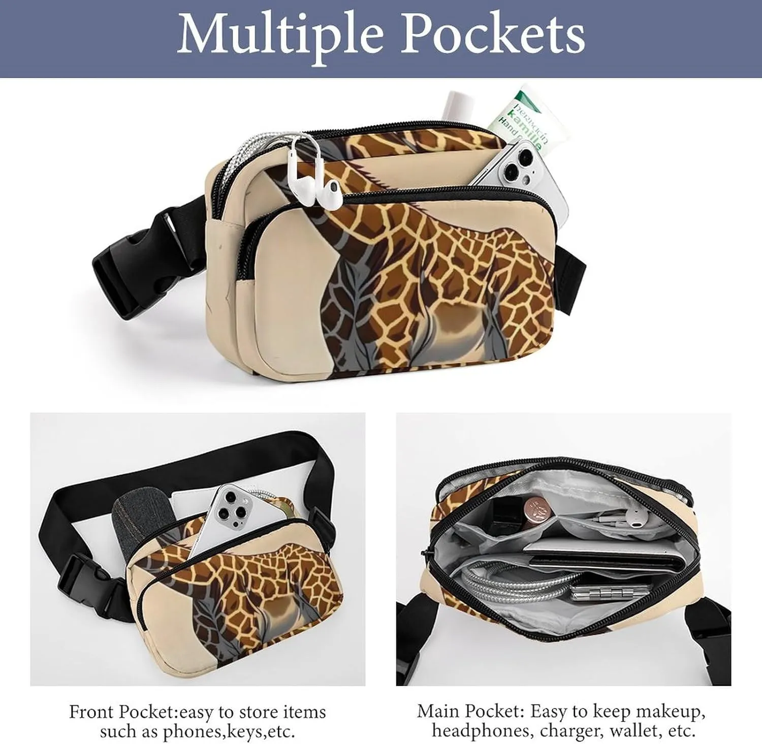 Giraffe Print Fanny Packs for Women Men Fashion Portable Waist Pack Adjustable Belt Bum Bag Hip Bags for Travel, 20x13cm, style