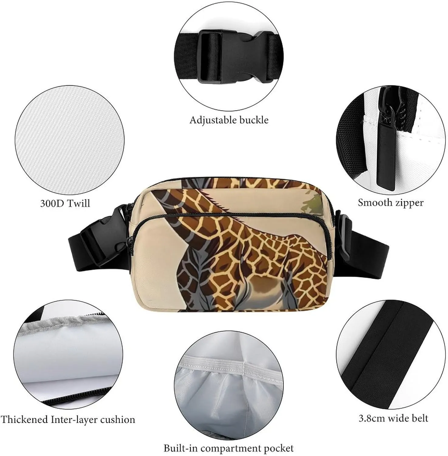 Giraffe Print Fanny Packs for Women Men Fashion Portable Waist Pack Adjustable Belt Bum Bag Hip Bags for Travel, 20x13cm, style