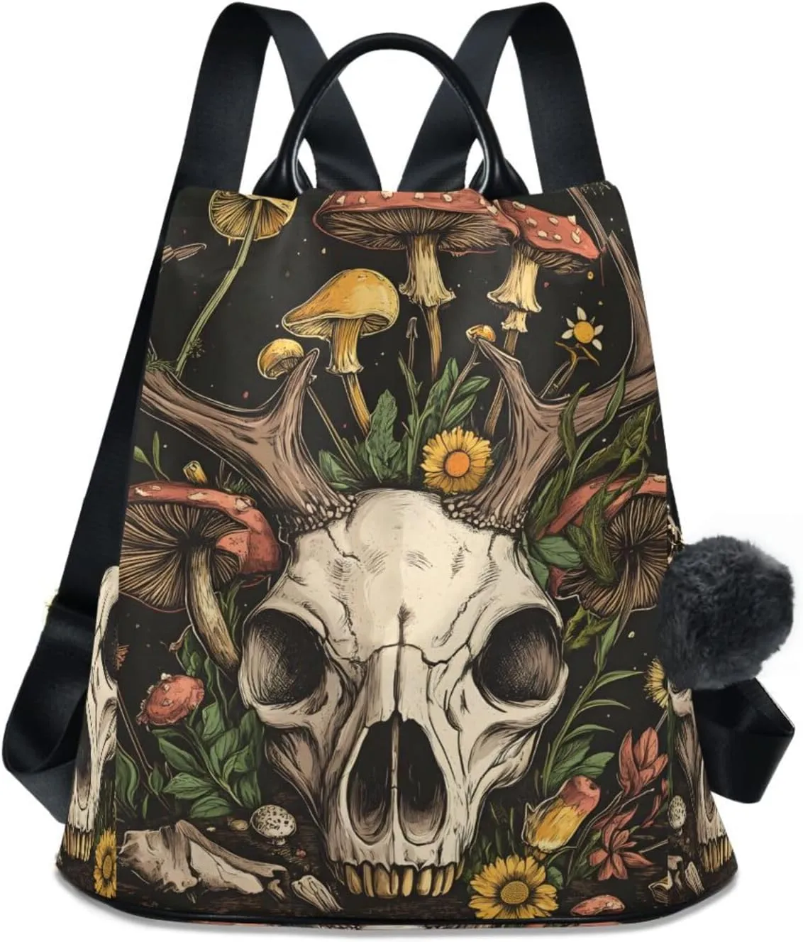Goat Skull Mushroom Flower Backpack for Women Anti Theft Large Fashion Travel Shoulder Bag Purse Rucksack Lightweight