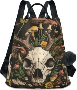 Goat Skull Mushroom Flower Backpack for Women Anti Theft Large Fashion Travel Shoulder Bag Purse Rucksack Lightweight