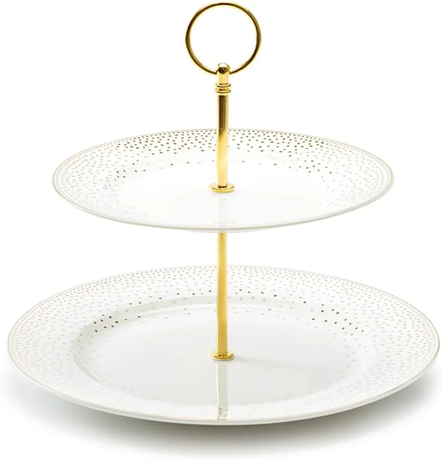 Gold Dots Fine Porcelain 2-Tier Server, 2-Tiered Serving Platters, Regular