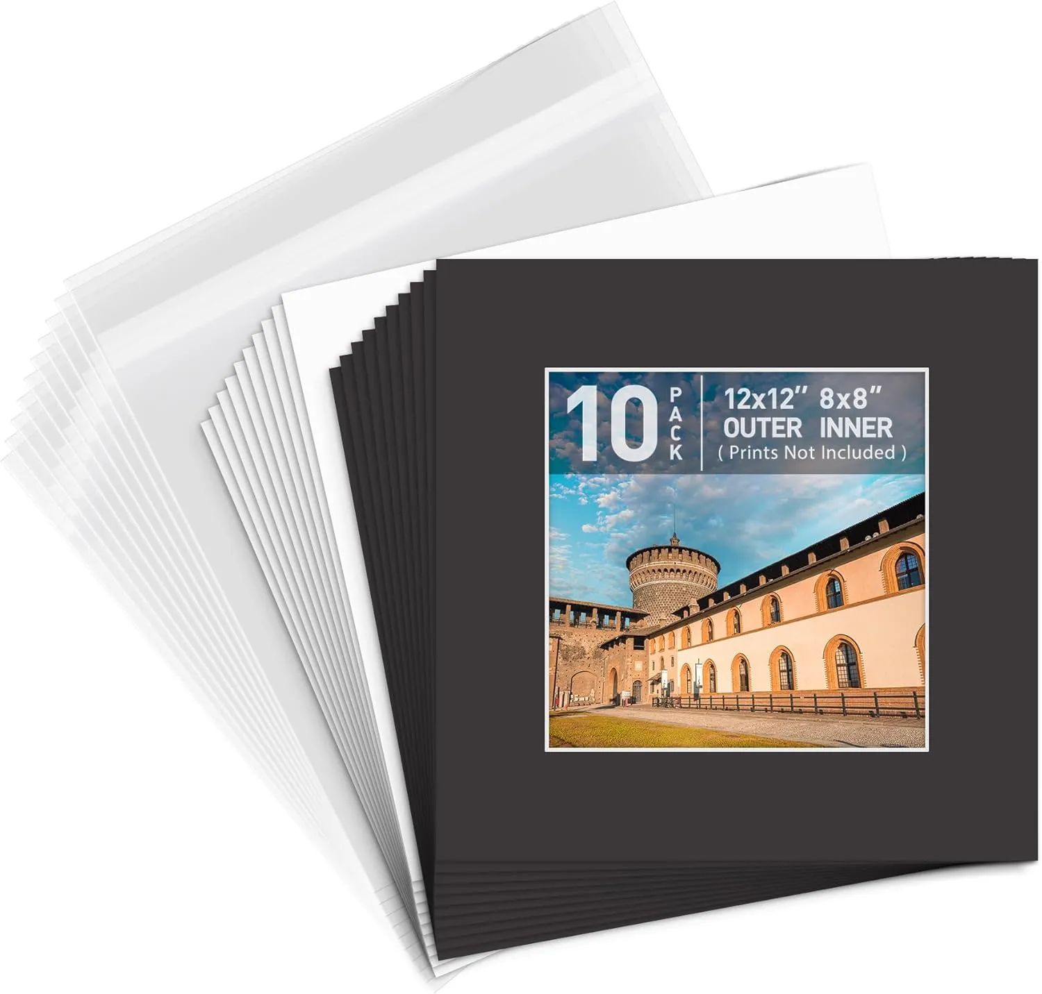 Golden State Art, Pack of 10, 12x12 Black Picture Mats Mattes with White Core Bevel Cut for 8x8 Pictures   Backing   Bags
