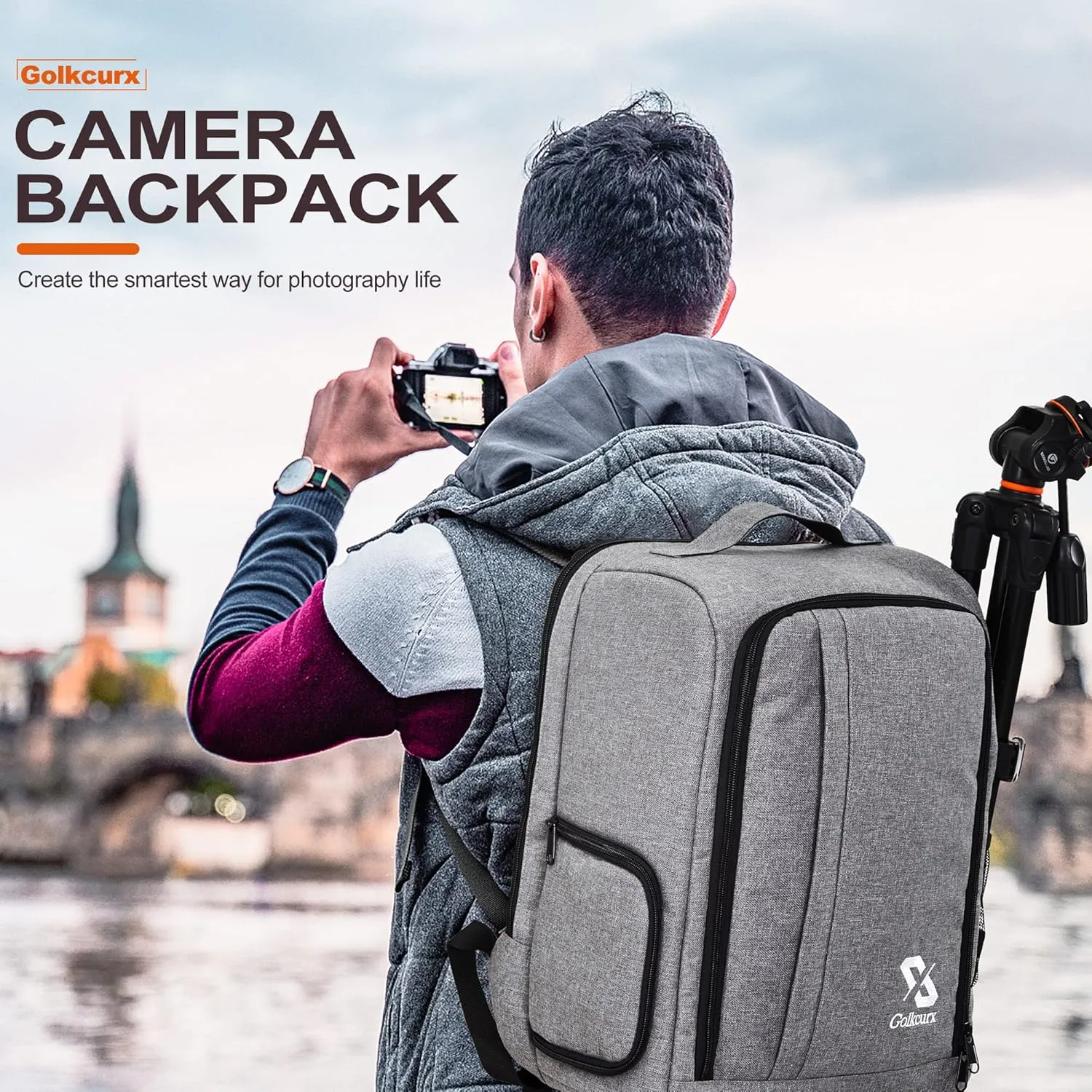 Golkcurx Camera Bag for DSLR/SLR Cameras，Camera Backpack Waterproof for Photographers Grey S
