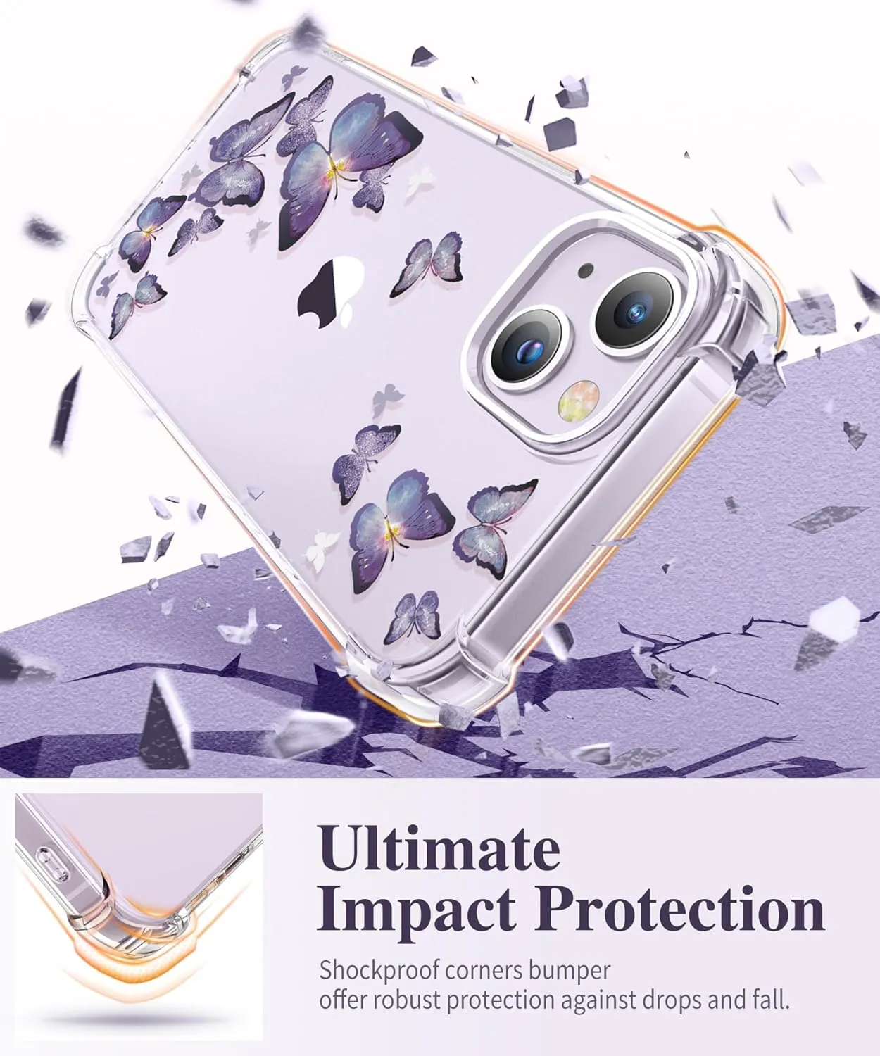 GVIEWIN for iPhone 14 Case Floral, with Screen Protector Camera Lens Protector, [Non Yellowing]Soft Shockproof Clear Phone Protective Cover Women, Flower Pattern Design 6.1"(Alluring Butterfly/Purple)