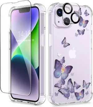 GVIEWIN for iPhone 14 Case Floral, with Screen Protector Camera Lens Protector, [Non Yellowing]Soft Shockproof Clear Phone Protective Cover Women, Flower Pattern Design 6.1"(Alluring Butterfly/Purple)