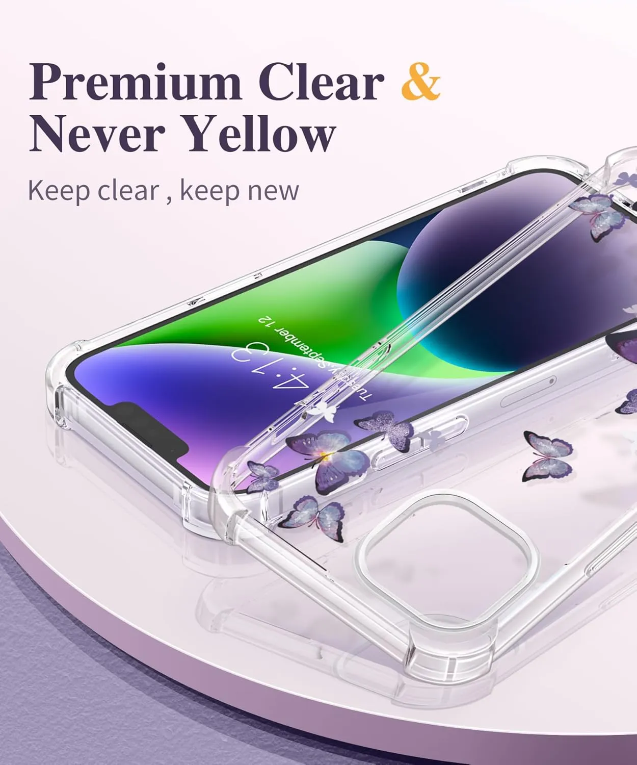 GVIEWIN for iPhone 14 Case Floral, with Screen Protector Camera Lens Protector, [Non Yellowing]Soft Shockproof Clear Phone Protective Cover Women, Flower Pattern Design 6.1"(Alluring Butterfly/Purple)