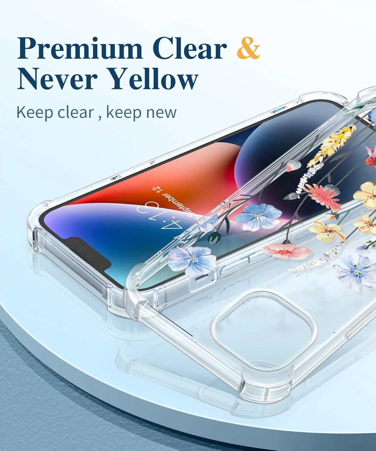 GVIEWIN for iPhone 14 Case Floral, with Screen Protector   Camera Lens Protector,[Non Yellowing] Soft Shockproof Clear Phone Protective Cover for Women, Flower Pattern Design 6.1"(Aconite/Light Blue)