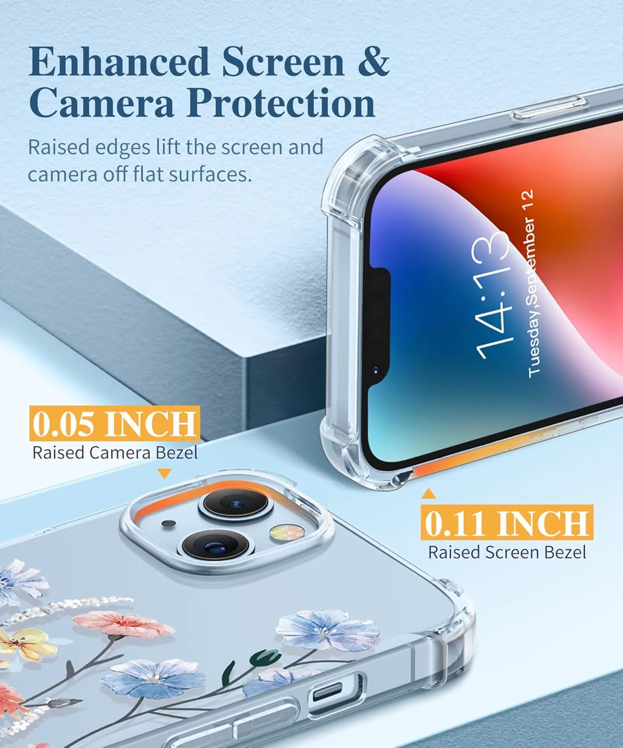 GVIEWIN for iPhone 14 Case Floral, with Screen Protector   Camera Lens Protector,[Non Yellowing] Soft Shockproof Clear Phone Protective Cover for Women, Flower Pattern Design 6.1"(Aconite/Light Blue)