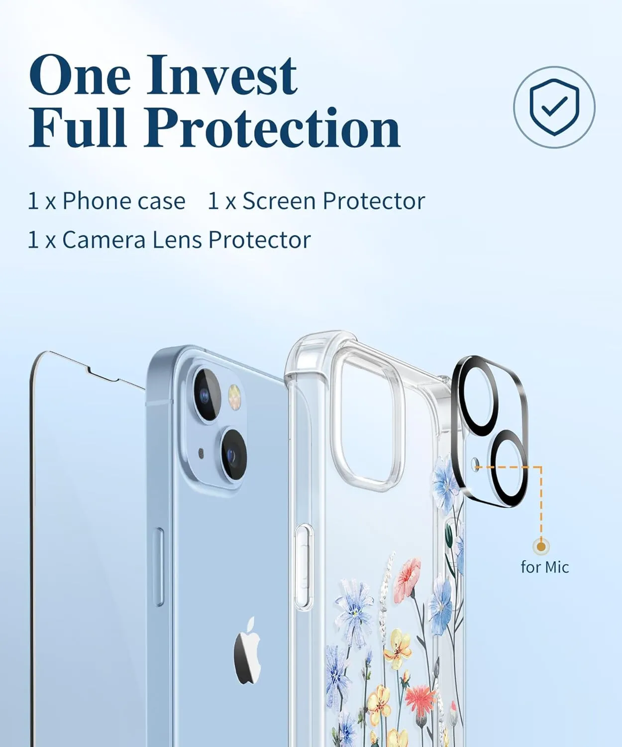 GVIEWIN for iPhone 14 Case Floral, with Screen Protector   Camera Lens Protector,[Non Yellowing] Soft Shockproof Clear Phone Protective Cover for Women, Flower Pattern Design 6.1"(Aconite/Light Blue)