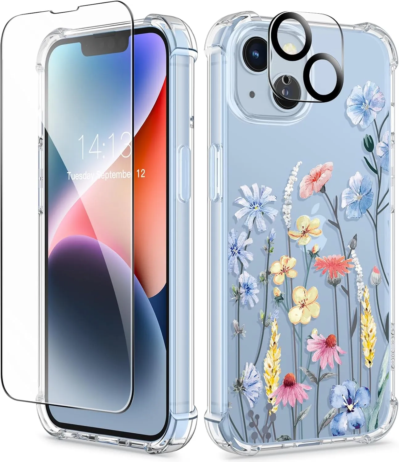 GVIEWIN for iPhone 14 Case Floral, with Screen Protector   Camera Lens Protector,[Non Yellowing] Soft Shockproof Clear Phone Protective Cover for Women, Flower Pattern Design 6.1"(Aconite/Light Blue)