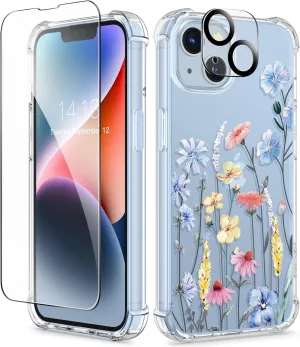 GVIEWIN for iPhone 14 Case Floral, with Screen Protector   Camera Lens Protector,[Non Yellowing] Soft Shockproof Clear Phone Protective Cover for Women, Flower Pattern Design 6.1"(Aconite/Light Blue)