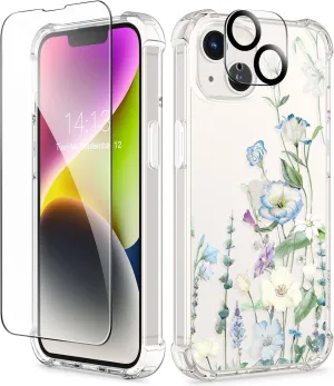 GVIEWIN for iPhone 14 Case Floral, with Screen Protector Camera Lens Protector,[Non Yellowing] Soft Shockproof Clear Phone Protective Cover for Women, Flower Pattern Design 6.1"(Aquilegia/White)